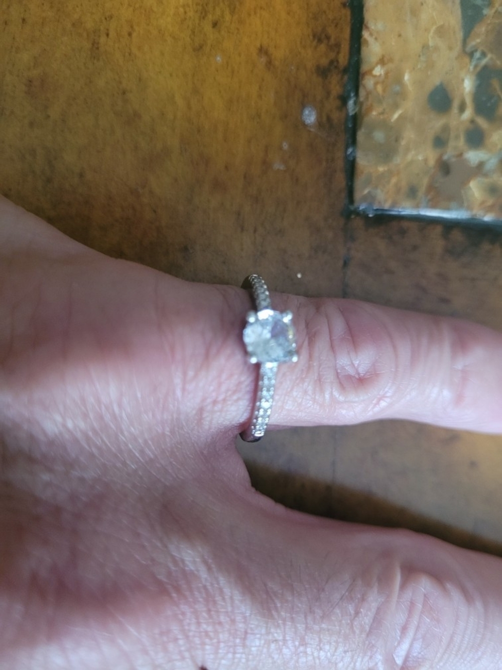 Classic Silver-Tone Solitaire Engagement Ring with Pavé Band - White - Picture 1 of 3